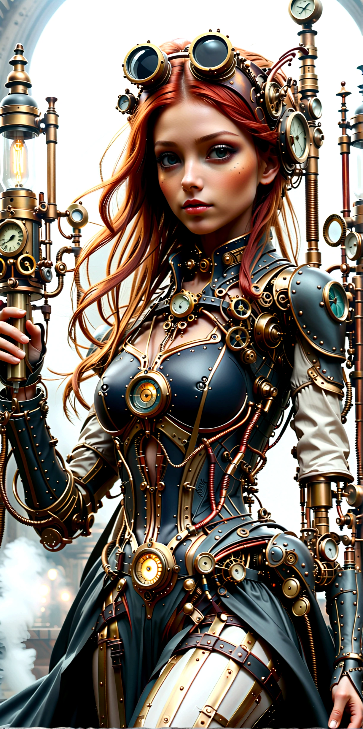 Full body, Full body bild(head to toe in frame)((Masterpiece)),mfbp1, (Best Quality), (Cinematic),(Extremely detailed CG Unity 8k wallpaper), 1 girl, fit,Delicious company, small breasts,(no goggles on face)(very long redhair),one Stunning red-haired steampunk woman who lost her forearm in an accident received a beautifully designed, fine and perfectly fitting robotic prosthesis (steampunk style) as a replacement, posing coolly in front of machines and factories. With this prosthesis she shows us a sealed, delicate poison glass bottle with blue liquid in it. Hand-forearm prosthesis made of brass and leather. She wears tight-fitting clothing (steampunk leather suit with cut-outs on hips and belly and buckles).the forearms are nude to show the prothetic arm, hoes and decorative wielding goggles in her hair on head, also made of brass and leather. The landscape is a bit gloomy, but also impressive.,1 line drawing,make up,steampunk style
