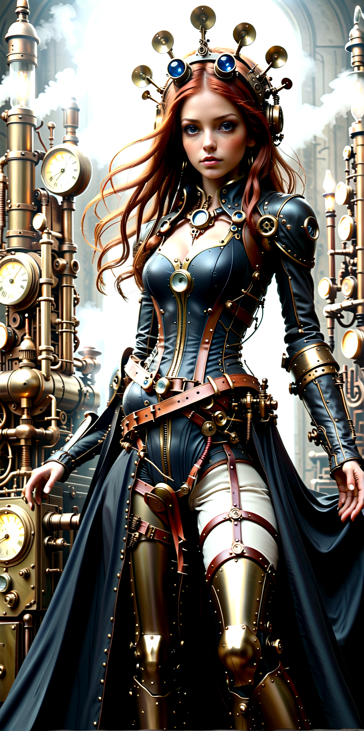 Full body, Full body bild(head to toe in frame)((Masterpiece)),mfbp1, (Best Quality), (Cinematic),(Extremely detailed CG Unity 8k wallpaper), 1 girl, fit,Delicious company, small breasts,(no goggles on face)(very long redhair),one Stunning red-haired steampunk woman who lost her forearm in an accident received a beautifully designed, fine and perfectly fitting robotic prosthesis (steampunk style) as a replacement, posing coolly in front of machines and factories. With this prosthesis she shows us a sealed, delicate poison glass bottle with blue liquid in it. Hand-forearm prosthesis made of brass and leather. She wears tight-fitting clothing (steampunk leather suit with cut-outs on hips and belly and buckles).the forearms are nude to show the prothetic arm, hoes and decorative wielding goggles in her hair on head, also made of brass and leather. The landscape is a bit gloomy, but also impressive.,1 line drawing,make up,steampunk style
