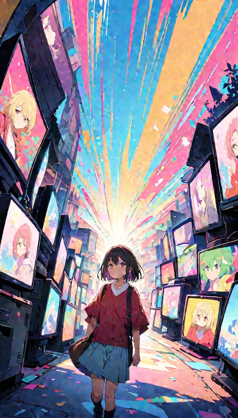 animé style, Des illustrations ultra fines, highly détaillé, Angle dynamique, beautiful détaillé, 8k, Devant de nombreux téléviseurs CRT, casser various programs are being broadcasted. Une femme les regarde, casser smiling amidst the colorful scenes.(la plus haute qualité、chef-d&#39;œuvre、haute résolution、détaillé)animéスタイル、style plat、(les yeux brillants、détaillé美しい顔),  casser,Angle dynamique、animé