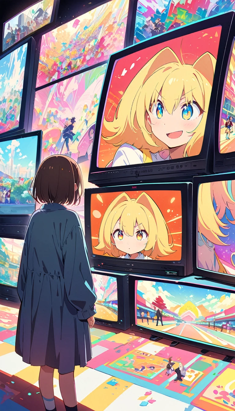 anime style, Ultra-fine illustrations, highly detailed, Dynamic Angle, beautiful detailed, 8k, In front of many CRT TVs, break various programs are being broadcasted. A woman stares at them, break smiling amidst the colorful scenes.(Highest quality、masterpiece、High resolution、detailed)animeスタイル、Flat Style、(Shining Eyes、detailed美しい顔),  break,Dynamic Angle、anime