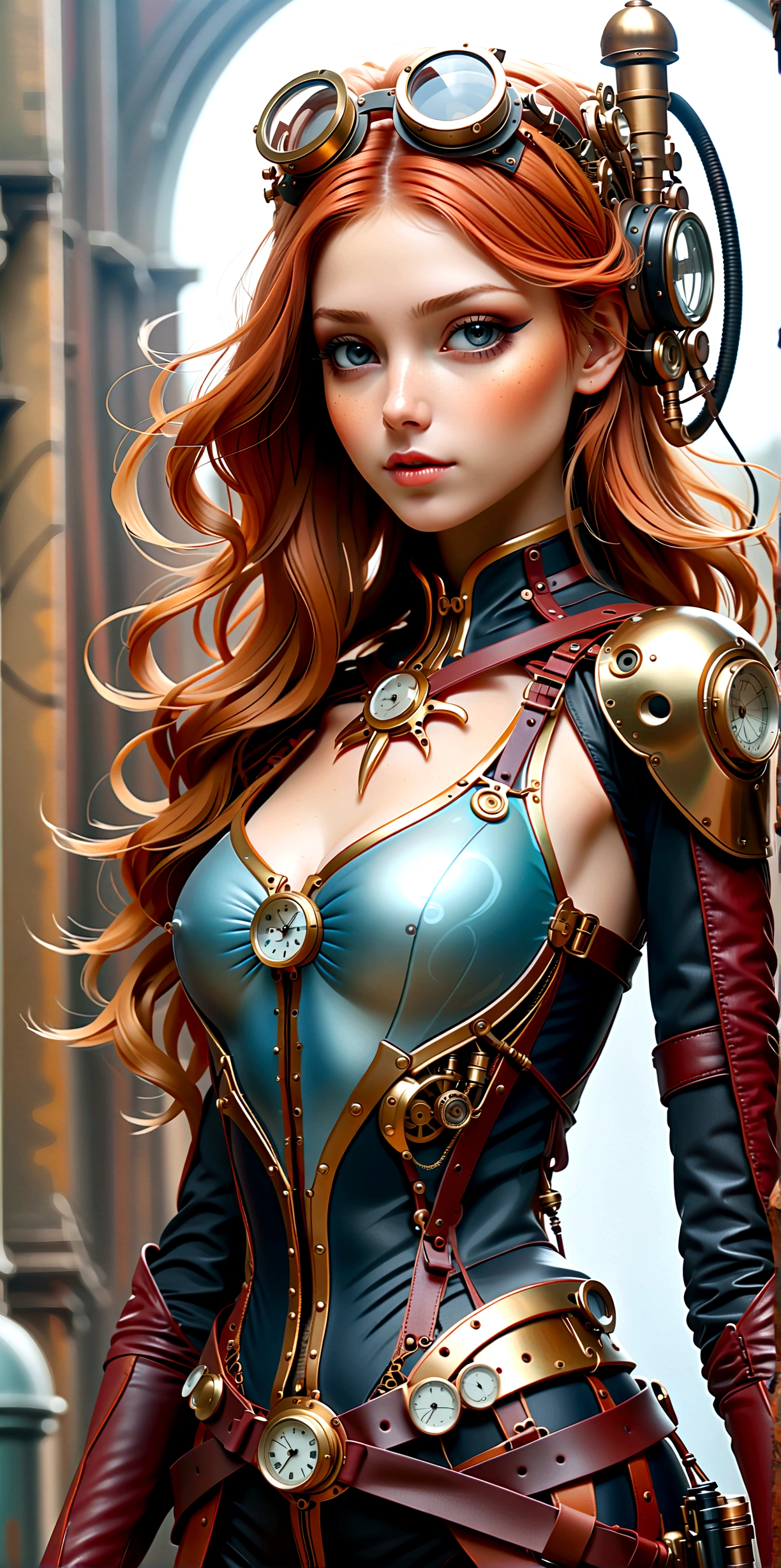 Full body, Full body bild(head to toe in frame)((Masterpiece)),mfbp1, (Best Quality), (Cinematic),(Extremely detailed CG Unity 8k wallpaper), 1 girl, fit,Delicious company, small breasts,(no goggles on face)(very long redhair),one Stunning red-haired steampunk woman who lost her forearm in an accident received a beautifully designed, fine and perfectly fitting robotic prosthesis (steampunk style) as a replacement, posing coolly in front of machines and factories. With this prosthesis she shows us a sealed, delicate poison glass bottle with blue liquid in it. Hand-forearm prosthesis made of brass and leather. She wears tight-fitting clothing (steampunk leather suit with cut-outs on hips and belly and buckles).the forearms are nude to show the prothetic arm, hoes and decorative wielding goggles in her hair on head, also made of brass and leather. The landscape is a bit gloomy, but also impressive.,1 line drawing,make up,steampunk style 