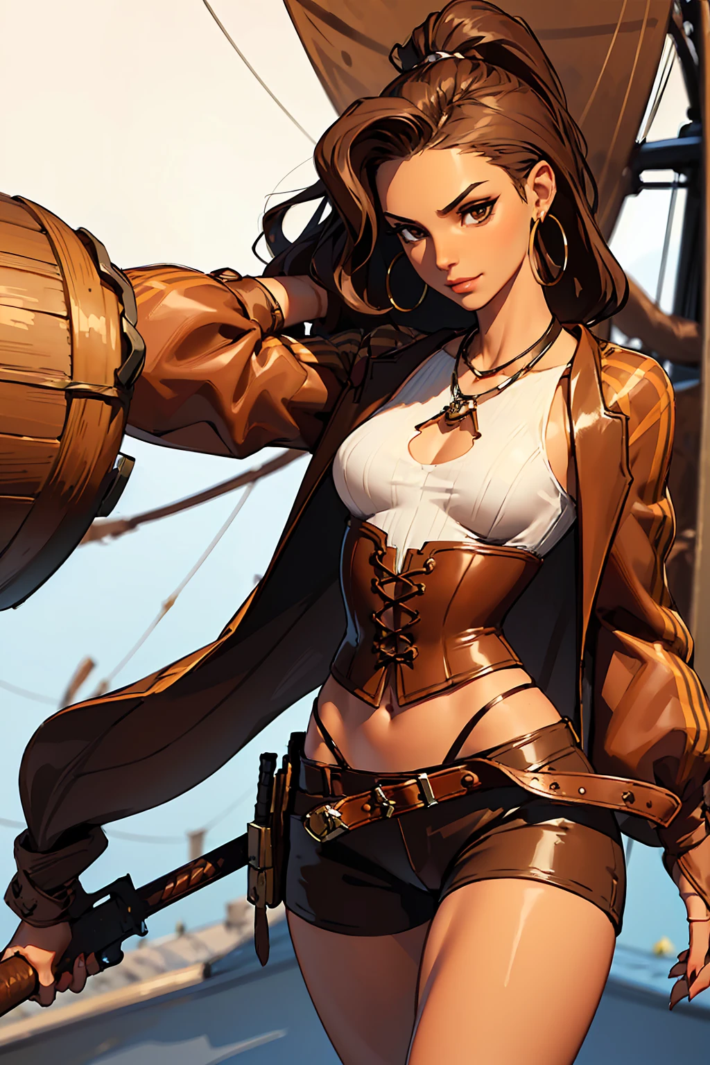 (masterpiece), best quality, expressive eyes, perfect face, (pirate ship background), (standing), (smirk), (closeup view), (1girl,white girl, tanned skin, brown hair, wavy hairstyle, brown eyes, hourglass figure, thin body, skinny body, petite_body, small breasts, thick thighs, long fingernails, brown plaid head wrap, white front lace blouse, long sleeve, loose fit, brown leather corset, brown leather shorts, brown boots, sheathed cutlass sword, flintlock pistol in holster, hoop earrings, miscellaneous jewelry)