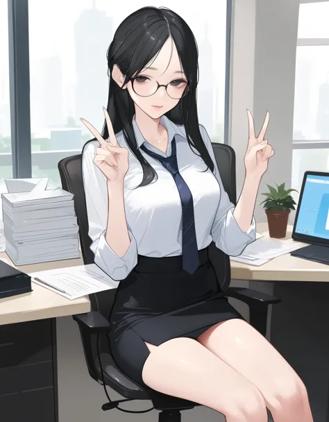 score_9,score_8_up,score_7_up,score_6_up,score_5_up, ,, hd5,ama_mitsuki,1girl,office lady, double v, long hair,black hair,black ...