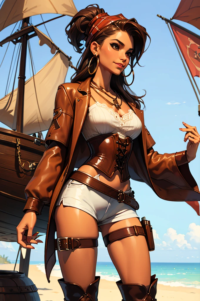 (masterpiece), best quality, expressive eyes, perfect face, (pirate ship background), (standing), (smirk), (closeup view), (1girl,white girl, tanned skin, brown hair, wavy hairstyle, brown eyes, hourglass figure, thin body, skinny body, petite_body, small breasts, thick thighs, long fingernails, brown plaid head wrap, white front lace blouse, long sleeve, loose fit, brown leather corset, brown leather shorts, brown boots, sheathed cutlass sword, flintlock pistol in holster, hoop earrings, miscellaneous jewelry)