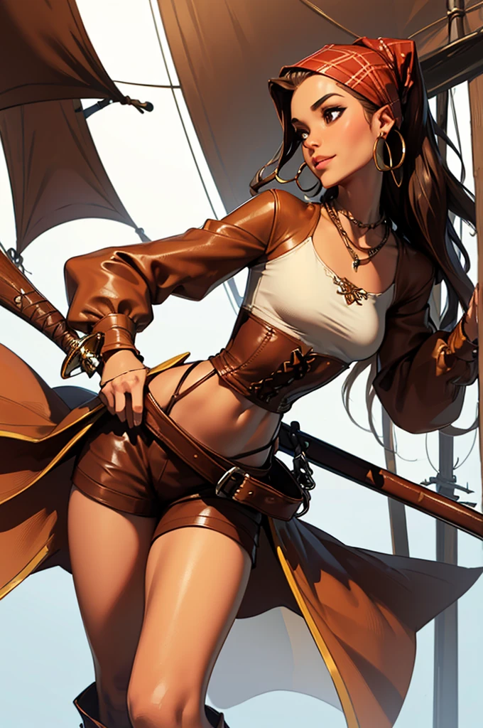 (masterpiece), best quality, expressive eyes, perfect face, (pirate ship background), (standing), (smirk), (closeup view), (1girl,white girl, tanned skin, brown hair, wavy hairstyle, brown eyes, hourglass figure, thin body, skinny body, petite_body, small breasts, thick thighs, long fingernails, brown plaid head wrap, white front lace blouse, long sleeve, loose fit, brown leather corset, brown leather shorts, brown boots, sheathed cutlass sword, flintlock pistol in holster, hoop earrings, miscellaneous jewelry)