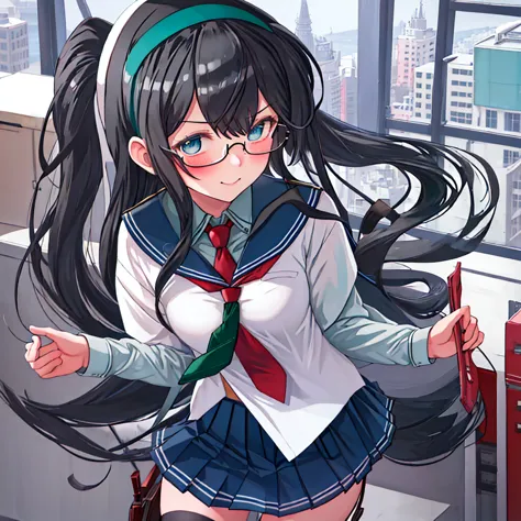 best quality, masterpiece, highres, solo, {ooyodo_kantaicollection:1.15}, black_hair, long_hair, glasses, hairband, semi-rimless...