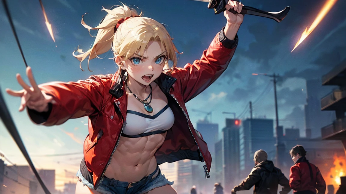 ((One Woman:2)), (Red jacket：1.9 )、((Battle Scenes：1.３, Swinging his sword violently,Dynamic Pose, Dynamic Action,Tight chest tops, Two-handed sword swinging pose)) , （Green Eyes:1.3）、Blonde Hair、ponytail、short hair、Scrunchie、赤いScrunchie、ヘアScrunchie、(赤いJacket:1.3)、denim、denimShorts、Jacket、jewelry、Abdominal muscles、Sturdy body、belly button、necklace、(赤い革Jacket)、Shorts、Shorts、Tube top、White top、,(Perfect hands),(Perfect Anatomy, complete hand depiction),(masterpiece),(Highest quality),　Angry face：1.３
