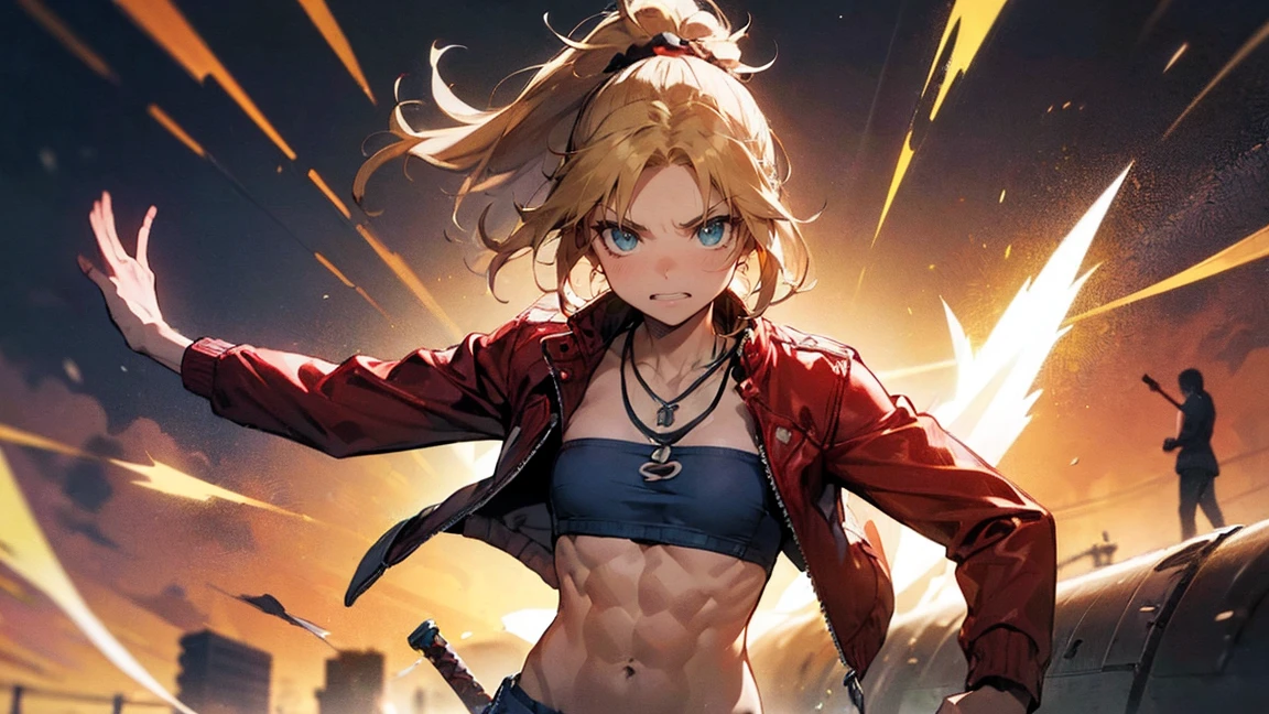 ((One Woman:2)), (Red jacket：1.9 )、((Battle Scenes：1.３, Swinging his sword violently,Dynamic Pose, Dynamic Action,Tight chest tops, Two-handed sword swinging pose)) , （Green Eyes:1.3）、Blonde Hair、ponytail、short hair、Scrunchie、赤いScrunchie、ヘアScrunchie、(赤いJacket:1.3)、denim、denimShorts、Jacket、jewelry、Abdominal muscles、Sturdy body、belly button、necklace、(赤い革Jacket)、Shorts、Shorts、Tube top、White top、,(Perfect hands),(Perfect Anatomy, complete hand depiction),(masterpiece),(Highest quality),　Angry face：1.３
