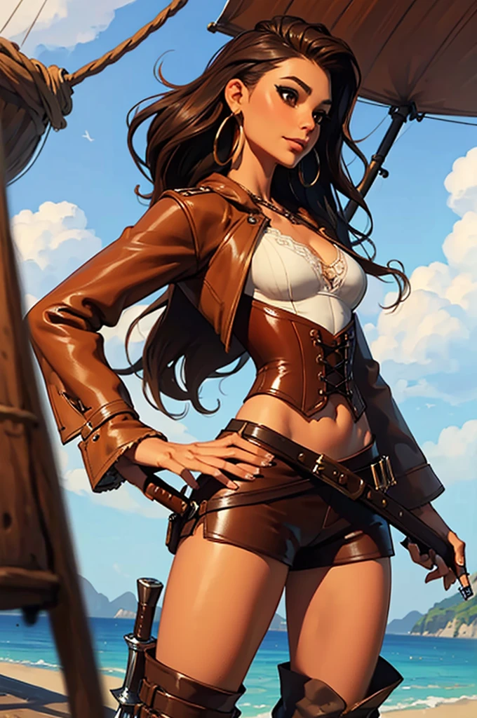 (masterpiece), best quality, expressive eyes, perfect face, (pirate ship background), (standing), (smirk), (closeup view), (1girl,white girl, tanned skin, brown hair, wavy hairstyle, brown eyes, hourglass figure, thin body, skinny body, petite_body, small breasts, thick thighs, long fingernails, , white front lace blouse, long sleeve, loose fit, brown leather corset, brown leather shorts, brown boots, sheathed cutlass sword, flintlock pistol in holster, hoop earrings, miscellaneous jewelry)