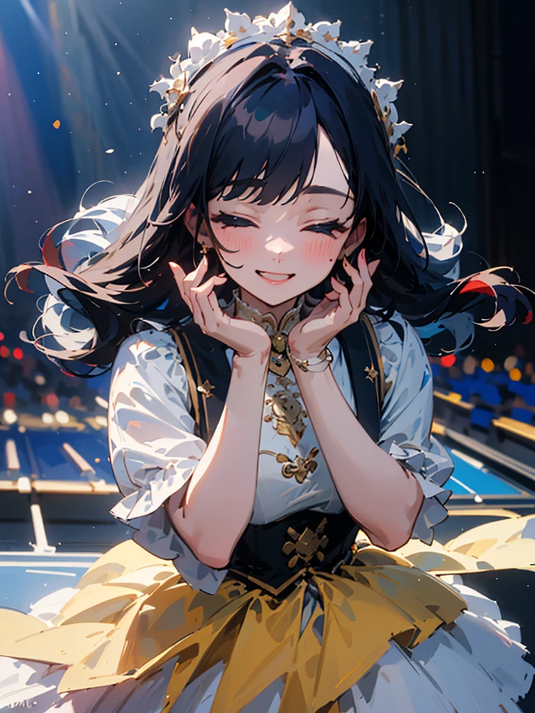 ((highest quality)), ((masterpiece)), (detailed), Perfect Face,Bowing with a smile towards the audience, with a concert hall in the background, on the stage.