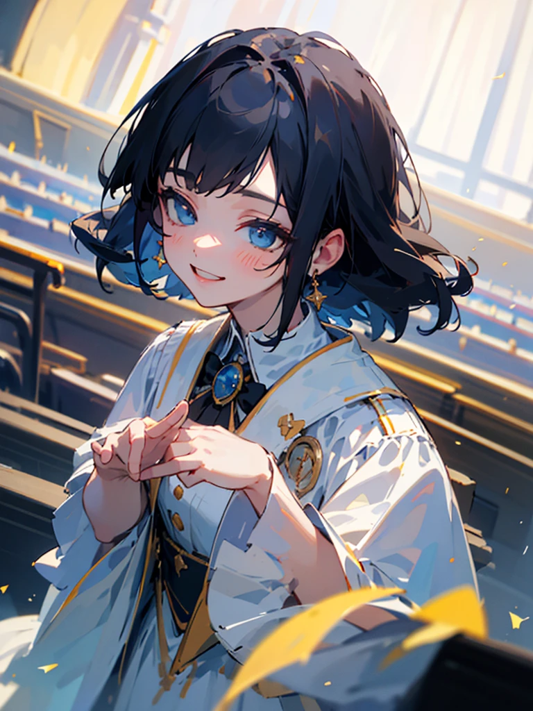 ((highest quality)), ((masterpiece)), (detailed), Perfect Face,Bowing with a smile towards the audience, with a concert hall in the background, on the stage.