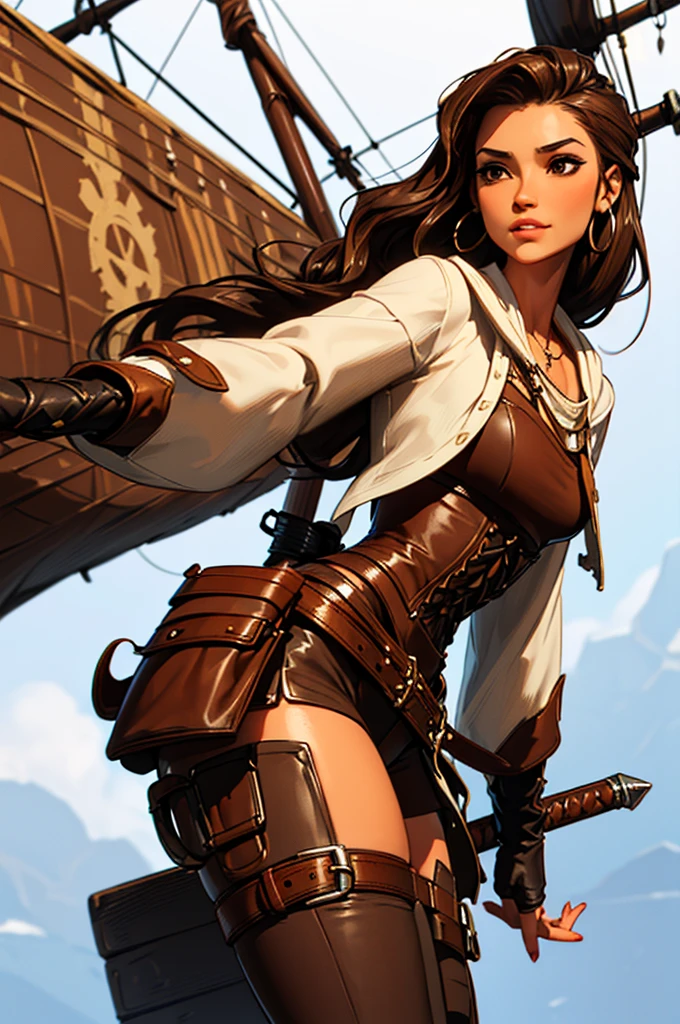 (masterpiece), best quality, expressive eyes, perfect face, (pirate ship background), (standing), (smirk), (closeup view), (1girl,white girl, tanned skin, brown hair, wavy hairstyle, brown eyes, hourglass figure, thin body, skinny body, petite_body, small breasts, thick thighs, long fingernails, , white front lace blouse, long sleeve, loose fit, brown leather corset, brown leather shorts, brown boots, sheathed cutlass sword, flintlock pistol in holster, hoop earrings, miscellaneous jewelry)