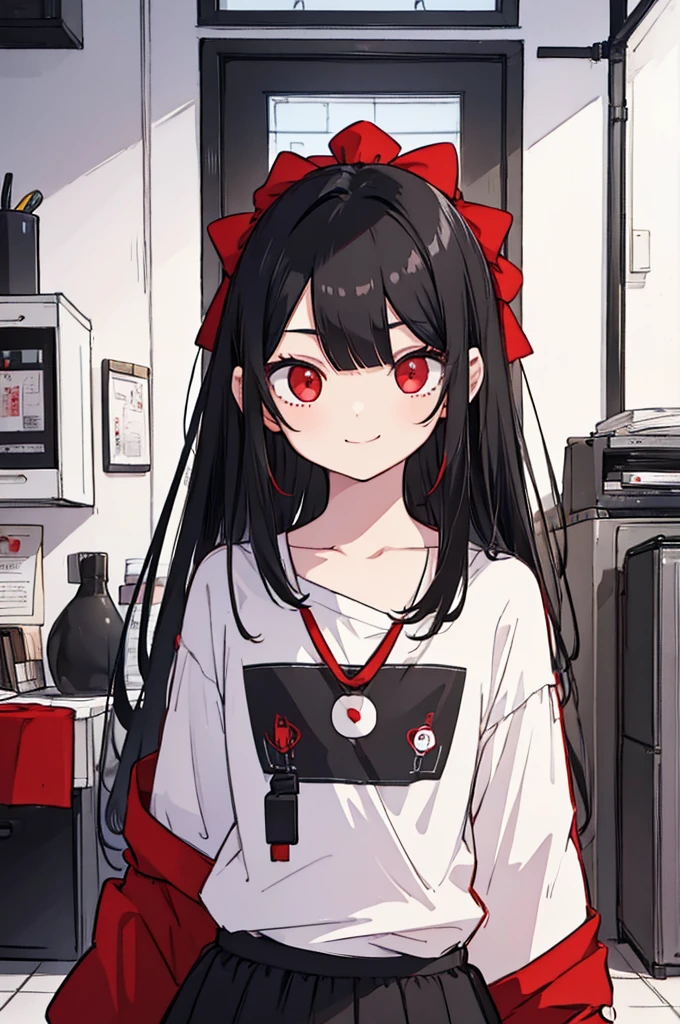 A kid, long straight black hair, long bangs, crimson red eyes, small, cute, short, background in a room, sweet smile and innocent