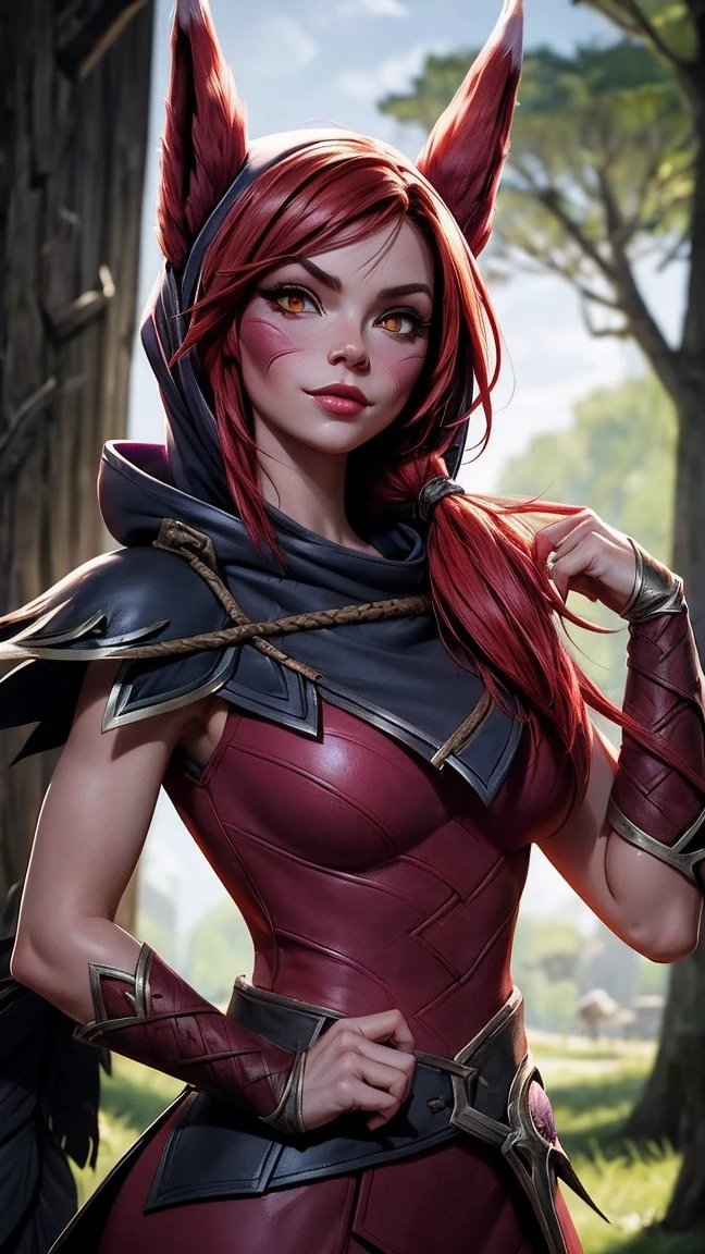 ((best quality)), ((Meisterwerk)), ((Xayah)), (League of legends), ((stehend)), erotischer Pose, (orange eyes), ((Xayah Hoodie)), ((upper body)), Unreal Engine, realistisch, pretty, sexy, young girl, ((red Hair)), Halsband, medium breasts, professionelles Make-up, Cool, sonniger Tag, Tyndall-Effekt, Guter Ray, forrest in the background, draussen, hell, subtle smile,