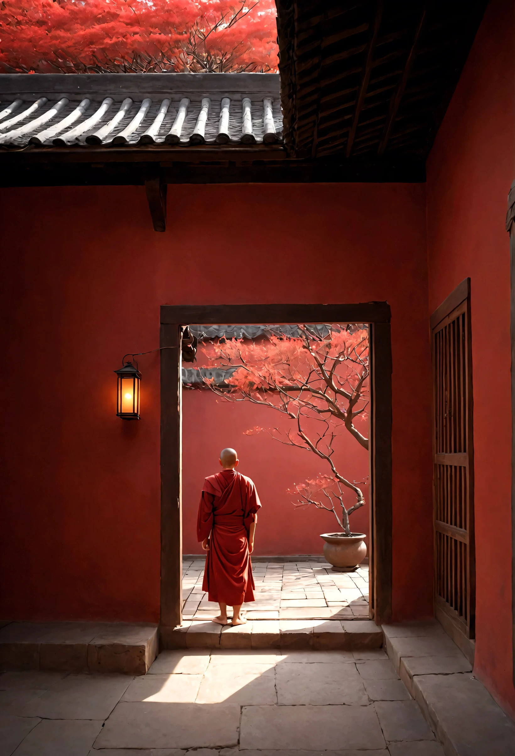 The red wall behind is like a raging fire，Monk&#39;s robes look like morning glow，Zen mind is like flying white clouds。
