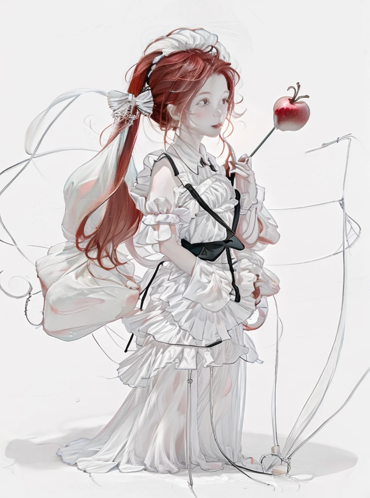 Standing picture，whole body，Character Design，Red Hair，Bow ruffles，apple