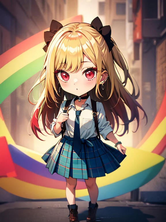  (chibi), full body, (masterpiece), highest quality, kitagawa marin, 1girl, blonde hair, long hair, multicolored hair, red eyes, jewelry, earrings, piercing, , white shirt, tied shirt, black choker, blue necktie, plaid skirt