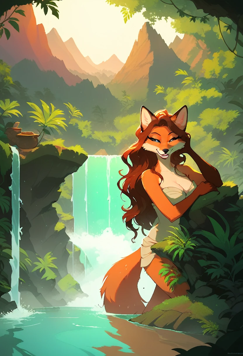 score_9, score_8_up, score_7_up, fox, anthro, female, brown fur, long hair, flowing hair, waterfall, mountain, jungle, sunset, bathing, water splashes, dynamic lighting, beautiful, serene, relaxed expression, content, happy