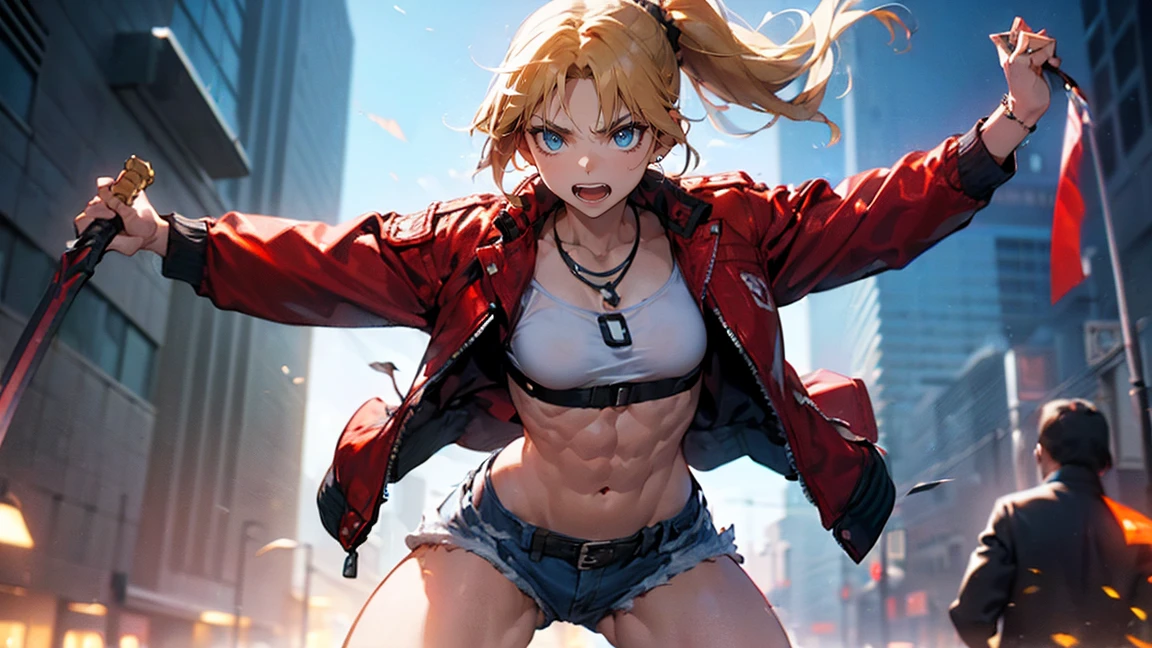 ((One Woman:2)), (Red jacket：1.9 )、((Battle Scenes：1.３, Swinging his sword violently,Dynamic Pose, Dynamic Action,Tight chest tops, Two-handed sword swinging pose)) , （Green Eyes:1.3）、Blonde Hair、ponytail、short hair、Scrunchie、赤いScrunchie、ヘアScrunchie、(赤いJacket:1.3)、denim、denimShorts、Jacket、jewelry、Abdominal muscles、Sturdy body、belly button、necklace、(赤い革Jacket)、Shorts、Shorts、Tube top、White top、,(Perfect hands),(Perfect Anatomy, complete hand depiction),(masterpiece),(Highest quality),　Angry face：1.３
