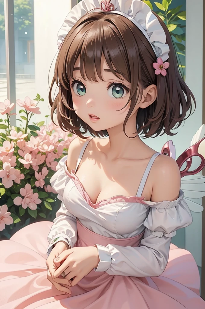 masterpiece, best quality, highres, perfect pixel, depth of field, 1girl, single, solo, beautiful anime girl, beautiful artstyle, (beautiful eyes), (detailed face), (blush), anime CG style, (medium breasts), good lighting, perfect body, lips parted, (sakura kinomoto:1.3), glossy lips, (maid), Off the shoulder、cleavage,  bright eyes,  (short hair:1.3)、Tea 、			
kinomoto sakura, cardcaptor sakura, , , green eyes, antenna hair, light brown hair, hair intakes, bangs,