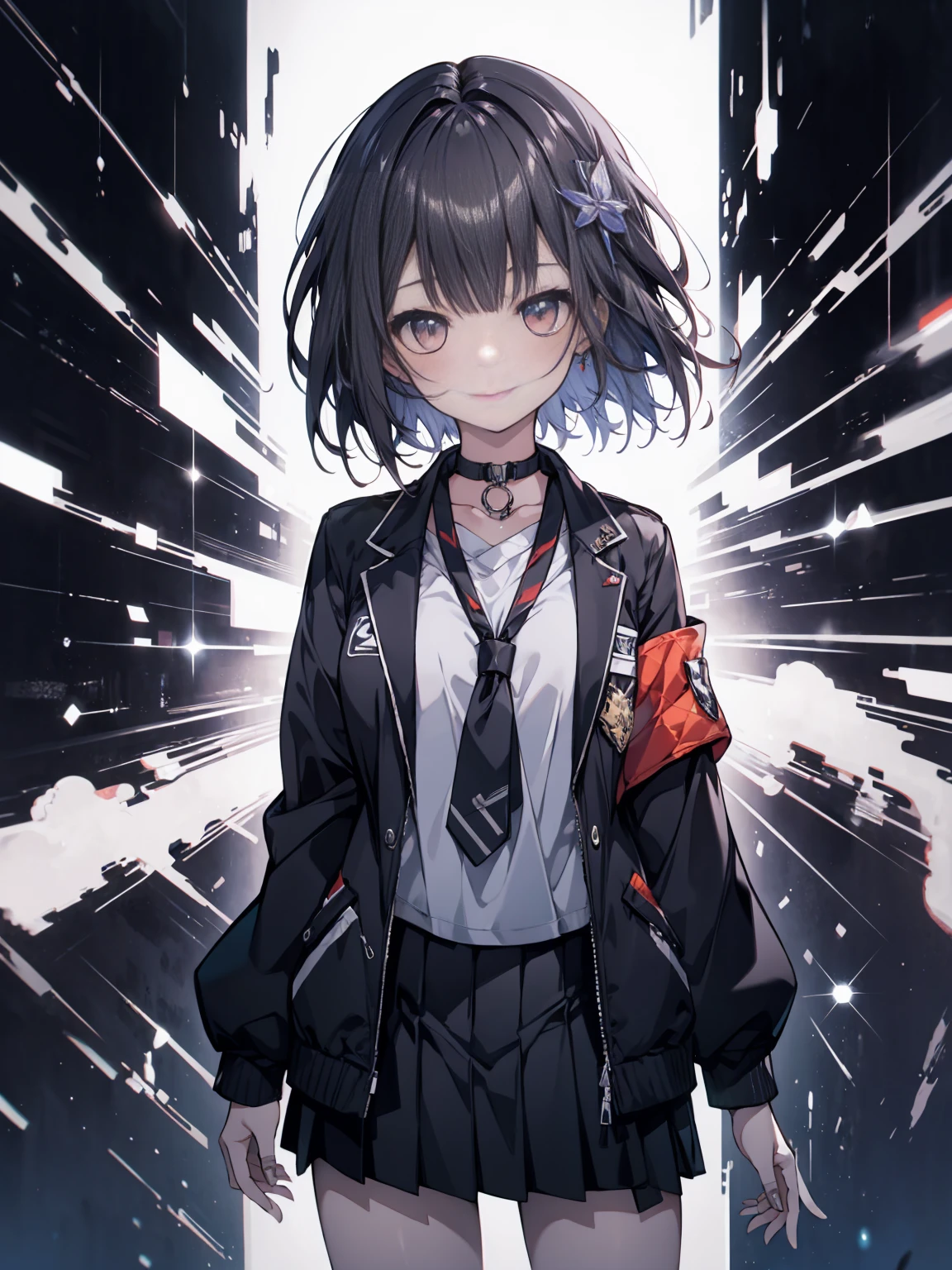 (masterpiece, highest quality, highest quality, (No text), Beautiful and aesthetic:1.2),No text,anime、 BREAK,One Girl，Short black hair　Beautiful eyes　Red eyes　cool　smile　cute　Black jacket　mini skirt　whole body　night