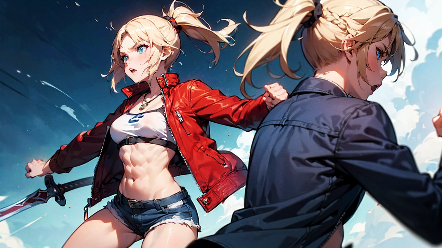 ((One Woman:2)), (Red jacket：1.9 )、((Battle Scenes：1.３, Swinging his sword violently,Dynamic Pose, Dynamic Action,Tight chest tops, Two-handed sword swinging pose)) , （Green Eyes:1.3）、Blonde Hair、ponytail、short hair、Scrunchie、赤いScrunchie、ヘアScrunchie、(赤いJacket:1.3)、denim、denimShorts、Jacket、jewelry、Abdominal muscles、Sturdy body、belly button、necklace、(赤い革Jacket)、Shorts、Shorts、Tube top、White top、,(Perfect hands),(Perfect Anatomy, complete hand depiction),(masterpiece),(Highest quality),　Angry face：1.３, side view
