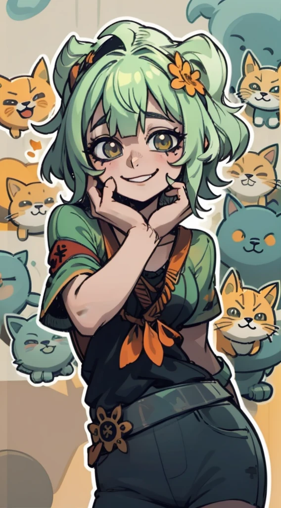 Timida, asustada, ojeras, fondo verde claro, sonrisa de gato