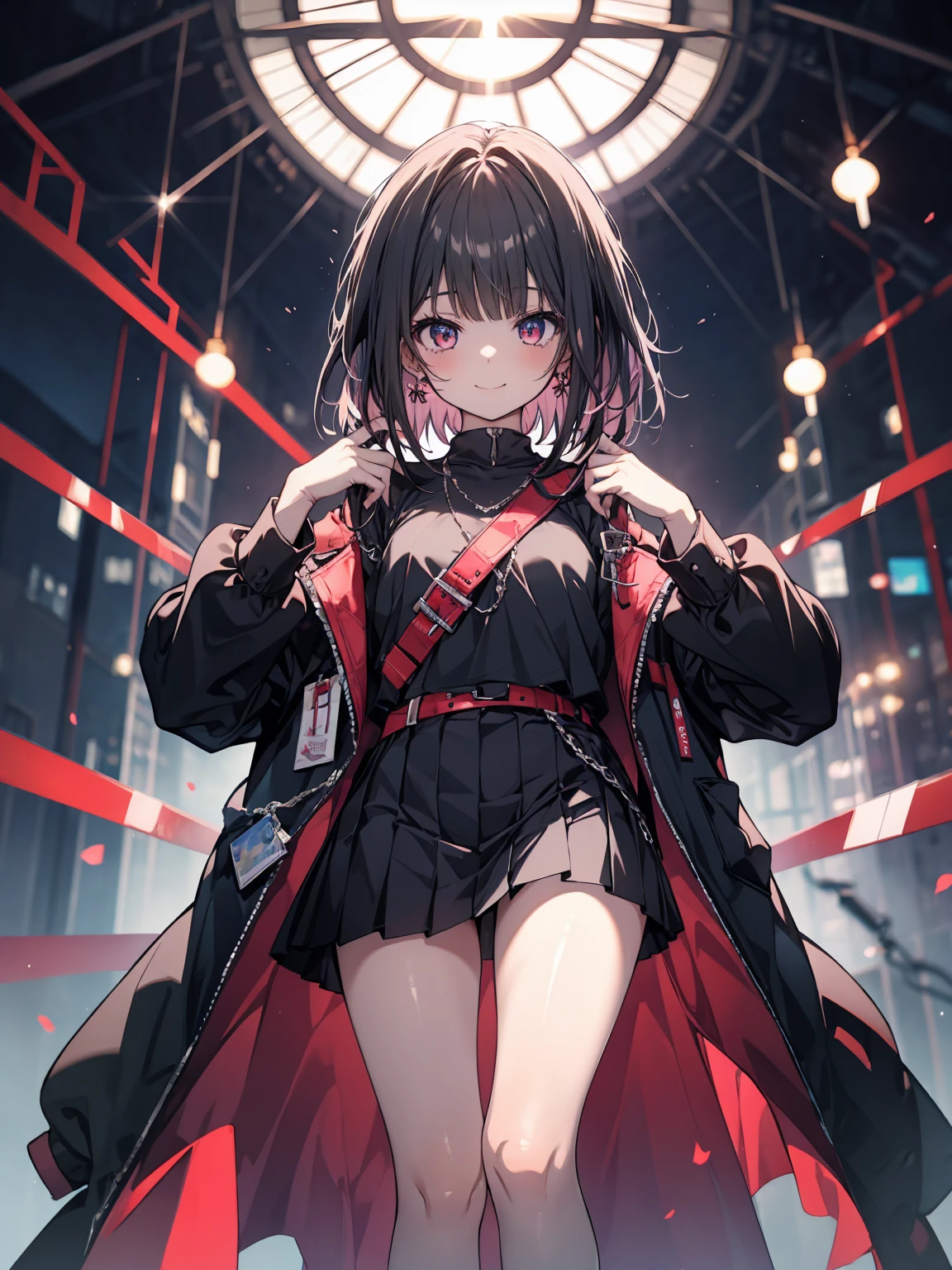 (masterpiece, highest quality, highest quality, (No text), Beautiful and aesthetic:1.2),No text,anime、 BREAK,One Girl，Short black hair　Beautiful eyes　Red eyes　cool　smile　Black jacket　mini skirt　whole body　night