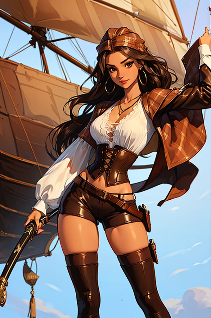 (masterpiece), best quality, expressive eyes, perfect face, (pirate ship background), (standing), (smirk), (closeup view), (1girl, vanessa alessia, dark skin, tanned skin, brown hair, wavy hairstyle, brown eyes, hourglass figure, thin body, skinny body, petite_body, medium breasts, thick thighs, long fingernails, brown plaid head wrap, white front lace blouse, long sleeve, loose fit, brown leather corset, brown leather shorts, brown boots, sheathed cutlass sword, flintlock pistol in holster, hoop earrings, miscellaneous jewelry)