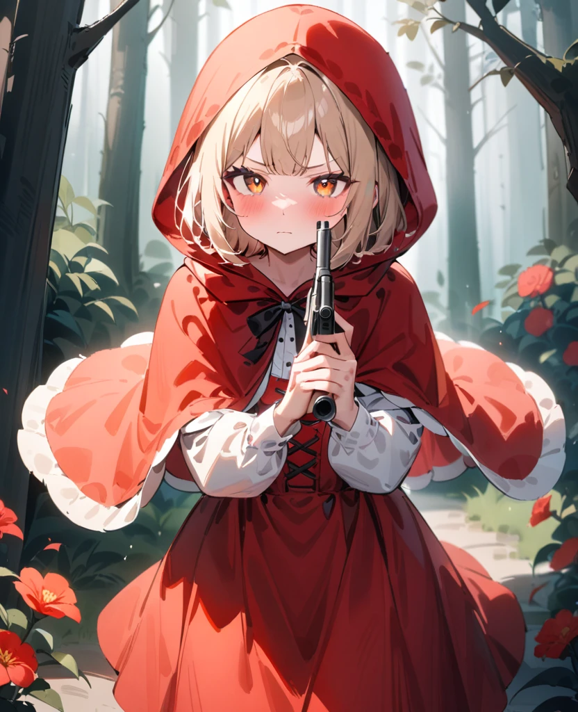 masterpiece, best quality, very aesthetic, absurdres, newest, 1girl, solo, looking at viewer, blush, nervous, v-shaped eyebrows, short hair, blunt bangs, blonde hair, orange eyes, long sleeves, dress, holding, standing, closed mouth, weapon, flower, outdoors, hood, forest, holding weapon, capelet, red skirt, red dress, hunting gun, plant, red flower, hood up, multicolored eyes, holding hunting gun, red capelet, little red riding hood \(grimm\)