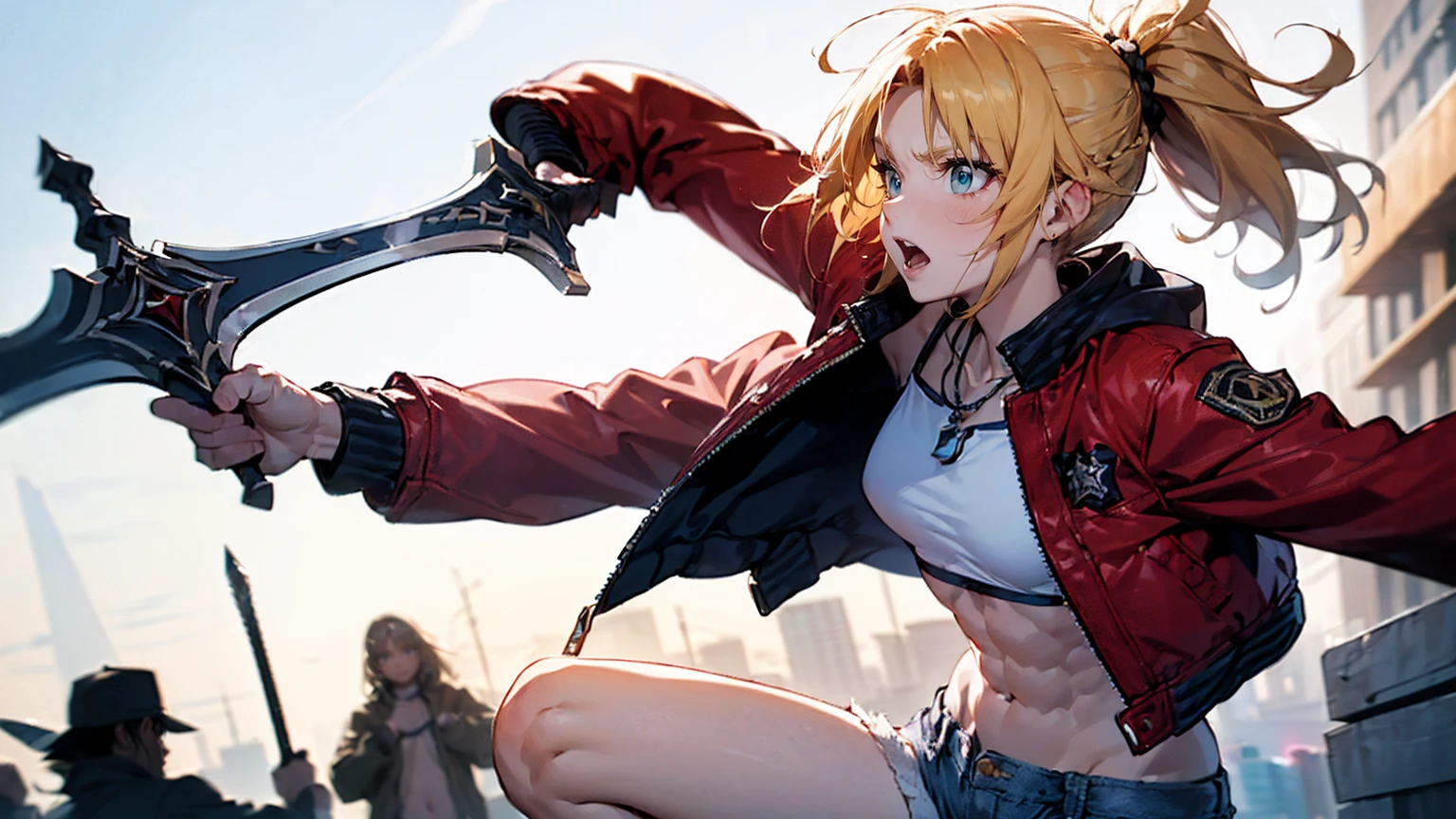 ((One Woman:2)), (Red jacket：1.9 )、((Battle Scenes：1.３, Swinging his sword violently,Dynamic Pose, Dynamic Action,Tight chest tops, Two-handed sword swinging pose)) , （Green Eyes:1.3）、Blonde Hair、ponytail、short hair、Scrunchie、赤いScrunchie、ヘアScrunchie、(赤いJacket:1.3)、denim、denimShorts、Jacket、jewelry、Abdominal muscles、Sturdy body、belly button、necklace、(赤い革Jacket)、Shorts、Shorts、Tube top、White top、,(Perfect hands),(Perfect Anatomy, complete hand depiction),(masterpiece),(Highest quality),　Angry face：1.３, side view
