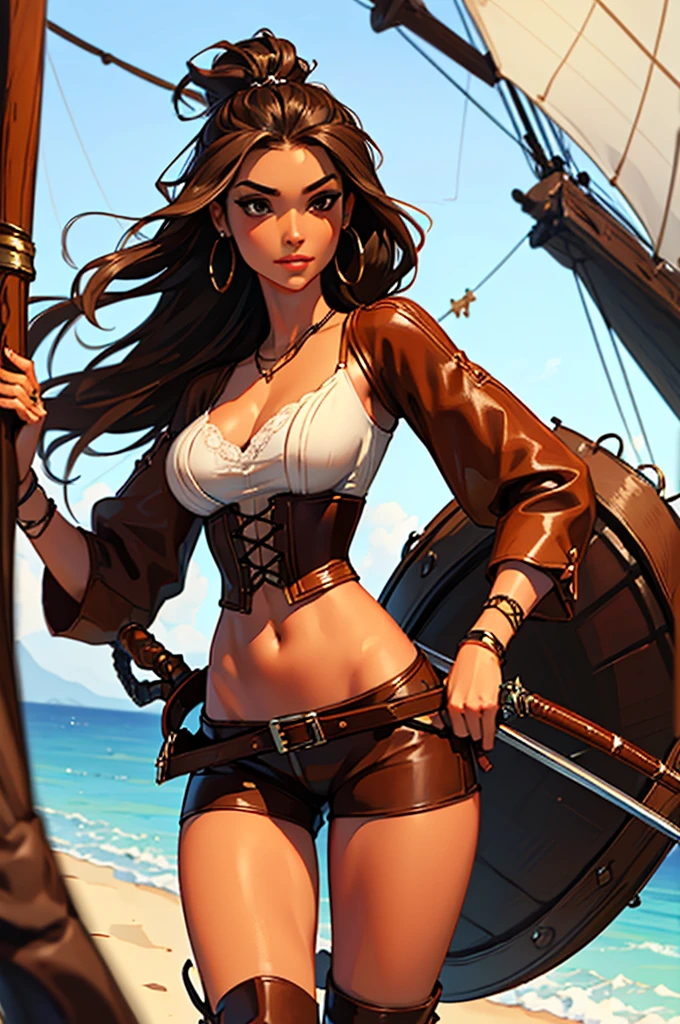 (masterpiece), best quality, expressive eyes, perfect face, (pirate ship background), (standing), (smirk), (closeup view), (1girl, vanessa alessia, dark skin, tanned skin, brown hair, wavy hairstyle, brown eyes, hourglass figure, thin body, skinny body, petite_body, medium breasts, thick thighs, long fingernails, , white front lace blouse, long sleeve, loose fit, brown leather corset, brown leather shorts, brown boots, sheathed cutlass sword, flintlock pistol in holster, hoop earrings, miscellaneous jewelry)