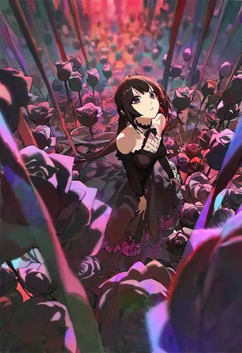 a girl surrounded by black roses, in fantasy world, full body, scared, black long hair, purple mix black eyes, in black sexy dre...