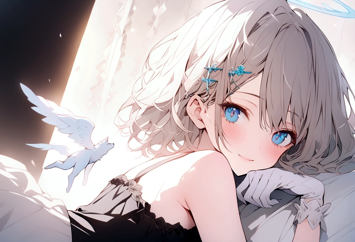 beautiful, masterpiece, Highest quality, anime, One girl, C Cup,Portrait Shot, View your viewers, Intricate details,>,((Covered、Short Hair、nearby、Blue Eyes、art、、White hair,Blue streaked hair、wallpaper、、white_gloves、hairpin、smile、Angel、Thighs、Halo、Wolf Cut、lotion、Lying on your back、side、camisole