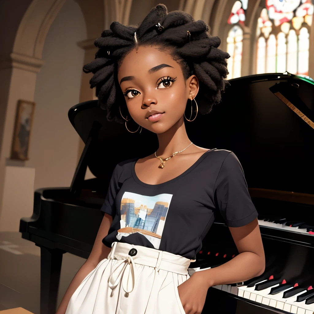 masterpiece, best quality), deep ebony 1girl, beautiful face, short Afro braids , cute, , beautify, Lofi vibe,, cute night vibe, concentrated, hands outside of the picture, Christian ,church vibe , smart whitebclothing, cute look, clothing is dry and baggy, small breasts, teen vibe, cute smile, sat next to a piano, hands on her pocket