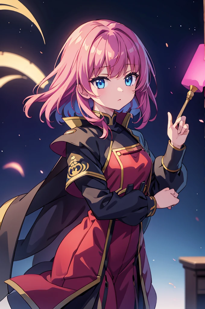 Highest quality, masterpiece, High resolution, alone, （Haman Khan），（機動戦士ZGundam），（Zeon_uniform），（Black‗Mantle），（pink_Hair Color），Gundam，Cybele，（Funnel）、Bob haircut，Bangs‗Hairstyle，Young Girl，Starry Sky_background，Anime Style, Highest quality, 4k, masterpiece,， alone, 1,whole body，looking at the camera, Shinkai Makoto style, Sharp Eyes，（Full Finger）, （Accurate fingertips）, （The finer details）, （Anatomically correct）, (映画のbackground), Hyper Detail, (Subtle details), (Intricate details),