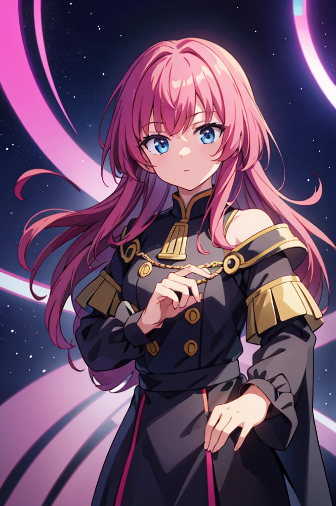 Highest quality, masterpiece, High resolution, alone, （Haman Khan），（機動戦士ZGundam），（Zeon_uniform），（Black‗Mantle），（pink_Hair Color），Gundam，Cybele，（Funnel）、Bob haircut，Bangs‗Hairstyle，Young Girl，Starry Sky_background，Anime Style, Highest quality, 4k, masterpiece,， alone, 1,whole body，looking at the camera, Shinkai Makoto style, Sharp Eyes，（Full Finger）, （Accurate fingertips）, （The finer details）, （Anatomically correct）, (映画のbackground), Hyper Detail, (Subtle details), (Intricate details),