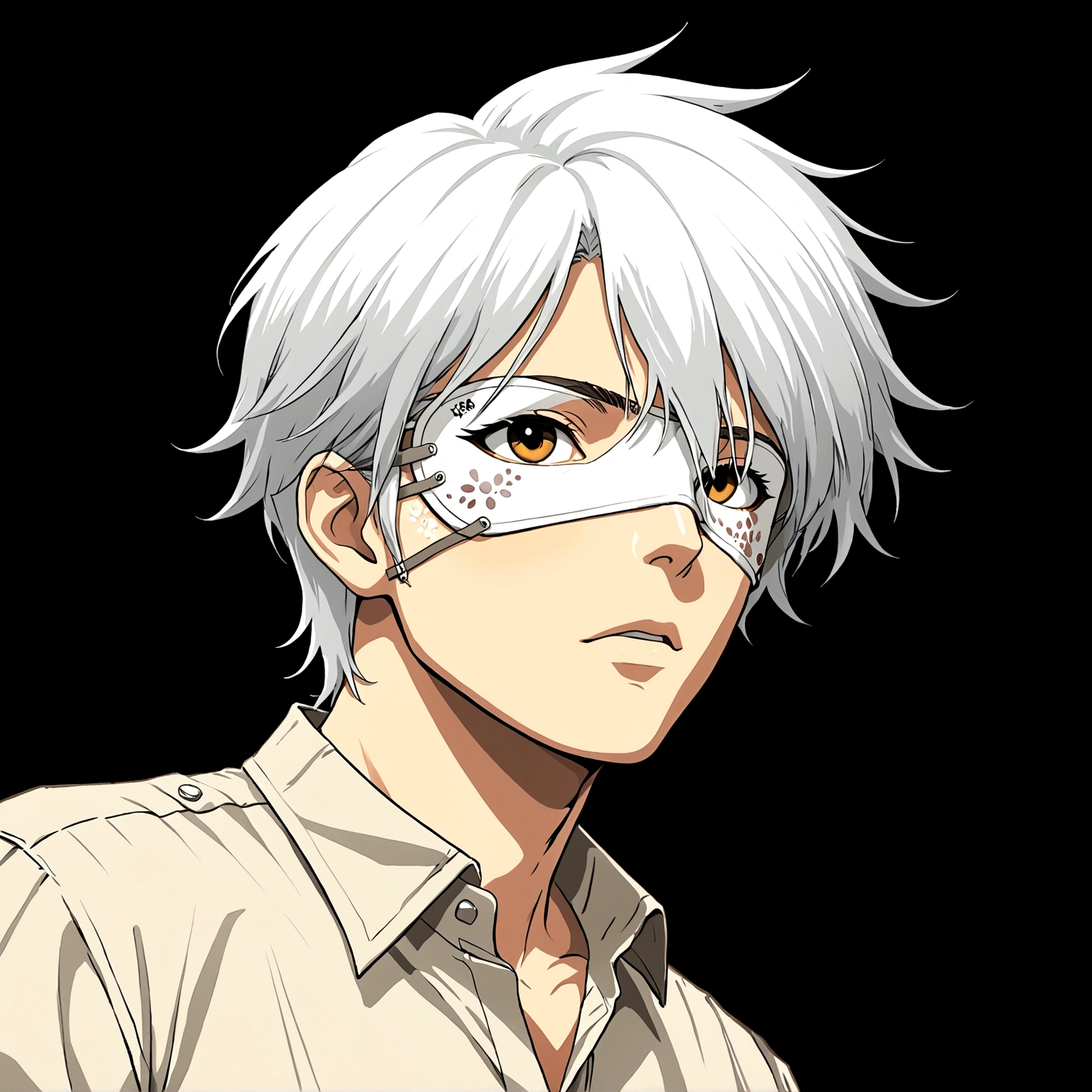 1boy，black eyes，White hair，White eye patch，Collared shirt，shut up，Simple background，solo，