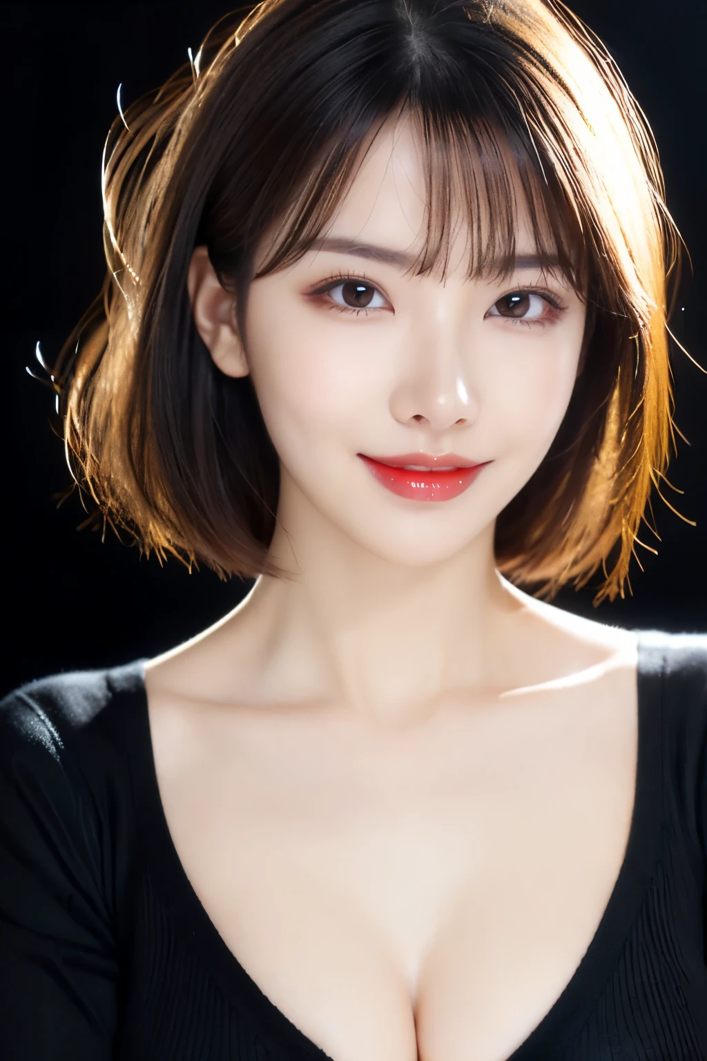 (Highest quality、Tabletop、8k、Best image quality、Award-winning works)、Cute beauty、(Short Bob Hair:1.1)、(The perfect all black V-neck long sleeve knit:1.5)、(The simplest pure black background:1.5)、(Face close-up:1.4)、(Very large breasts:1.2)、(Cleavage:1.2)、Accentuate your body lines、Beautiful and exquisite、Look at me and smile、(look straight at me:1.1)、(Perfect Makeup:1.1)、Bright lipstick、Ultra-high definition beauty face、Ultra HD Hair、Ultra HD Shining Eyes、Ultra High Resolution Perfect Teeth、Super high quality glossy lip、Accurate anatomy、Very beautiful skin、Ultra high resolution and beautiful, Glowing Skin、An elegant upright posture when viewed from the front