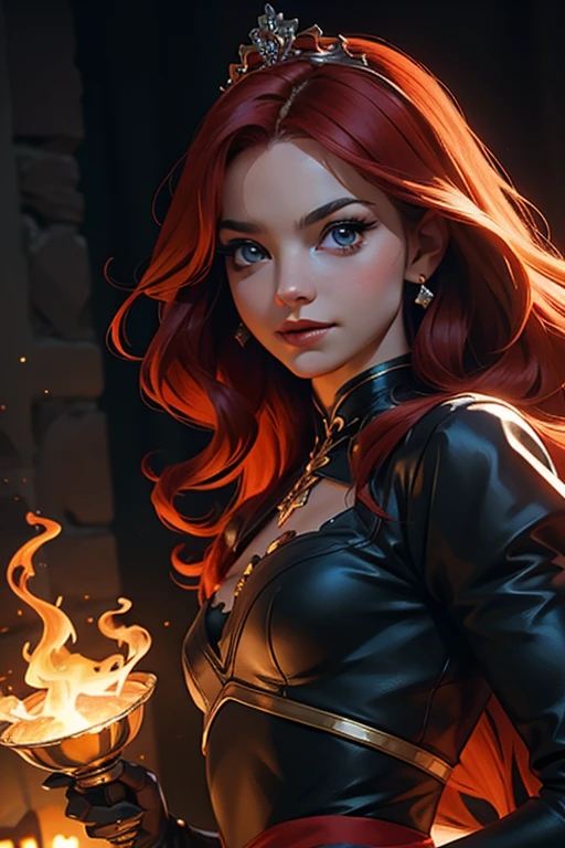 Princesa das trevas com os olhos de sangue, red hair, crown, evil smile, anime style, lens flare, high detail, first-person view, cinematic lighting, masterpiece, super detail, best quality, 8k, UHD((Dutch angle)) gloomy black castle setting, Sensual and arrogant princess 