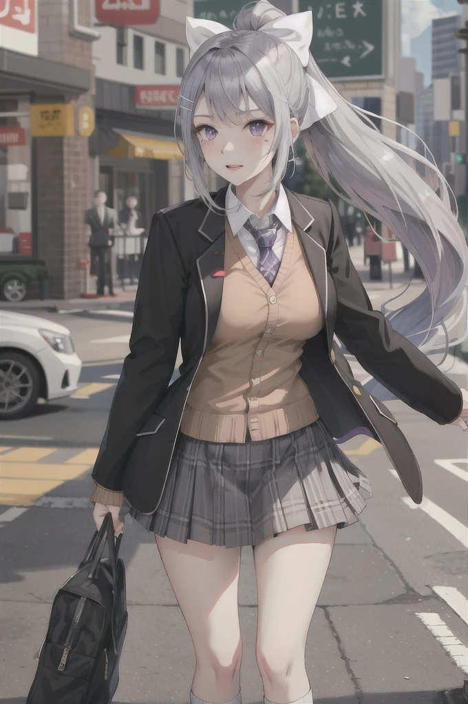 masterpiece, Highest quality, High resolution, higuchi kaede, One girl, Virtual YouTuber, alone, Long Hair, Mole under the eye, skirt, tie, Jacket, Purple eyes, socks, ponytail, hair ornaments, white bow, hair bow, bow, blazer, very Long Hair, purple tie, pleated skirt, white socks, Hair Clip, Open clothes, cardigan, , Knee-high, Grey Hair, black Jacket, shirt, collared shirt, Plaid, open Jacket, bangs, Plaid skirt, miniskirt, tachi-e, white shirt, Long sleeve, grey skirt, Too big breasts, Tight clothes,Plaid tie, Are standing, Cowboy Shot, Scorned face,