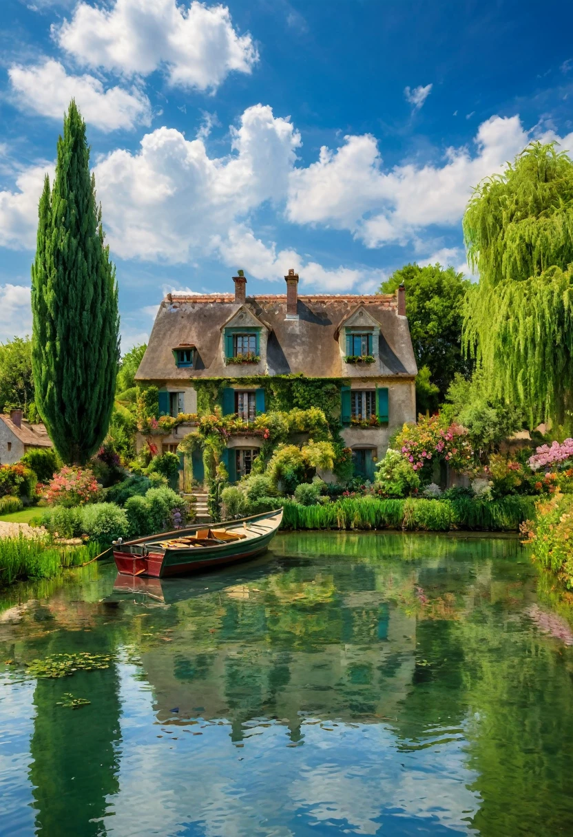 Claude Monet, summer, improve, complex, outdoor, Scenes, Sky, cloud, water, river, European style house, Boat，(best quality, masterpiece, representative work, Official Art, professional, Unity 8K wallpaper:1.3)