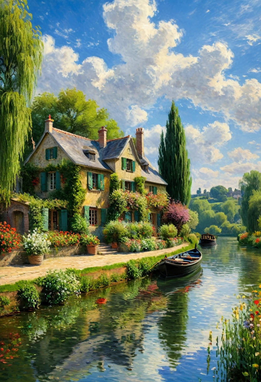 Claude Monet, summer, improve, complex, outdoor, Scenes, Sky, cloud, water, river, European style house, Boat，(best quality, masterpiece, representative work, Official Art, professional, Unity 8K wallpaper:1.3)