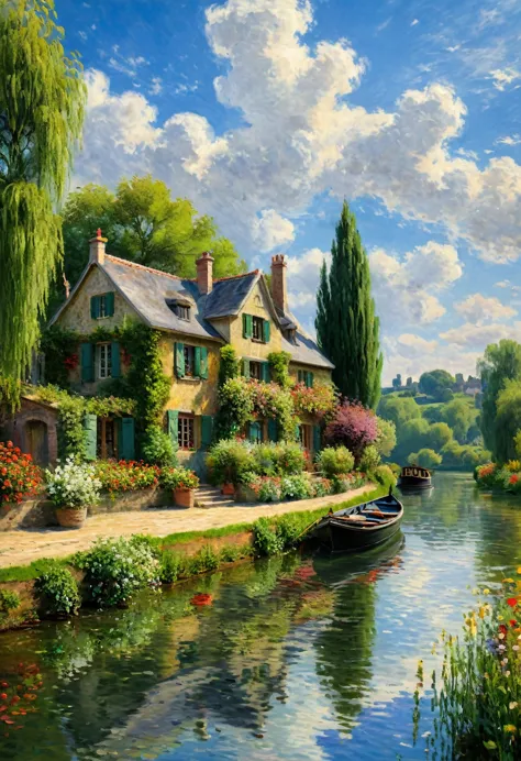 Claude Monet, summer, improve, complex, outdoor, Scenes, Sky, cloud, water, river, European style house, Boat，(best quality, mas...