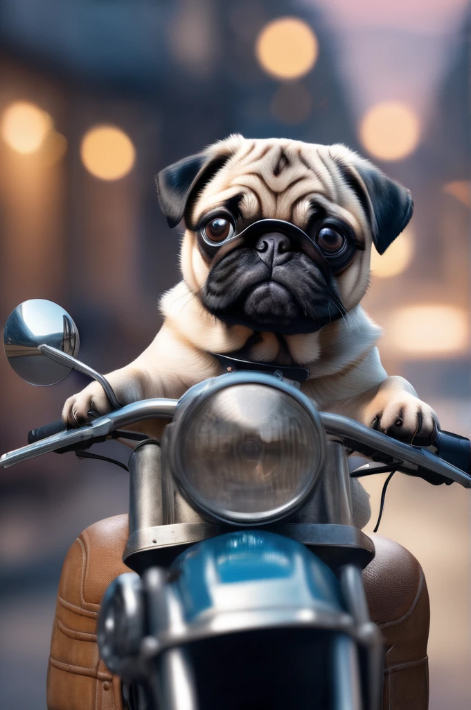 パグ, バイクに乗った犬, 高解像度, 傑作, 8k, 4K, (現実的 photos), (現実的), ボケ, 