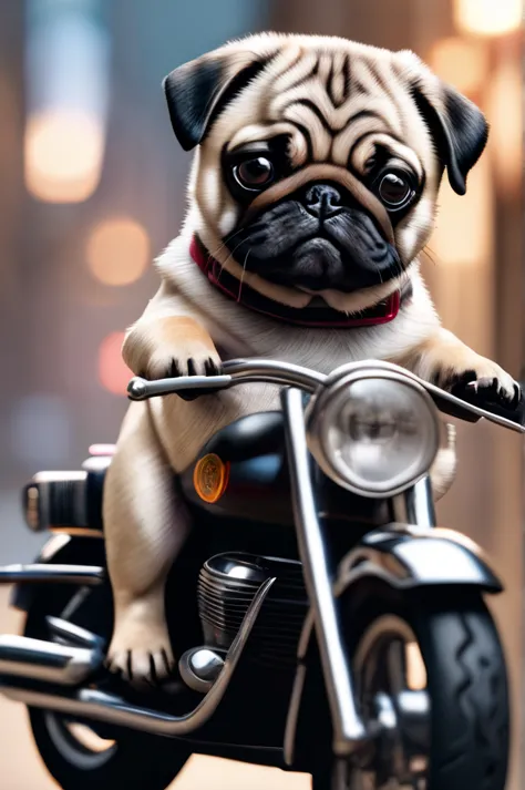 Pug, Dog on a motorcycle, High resolution, masterpiece, 8k, 4K, (Realistic photos), (Realistic), Bokeh, 