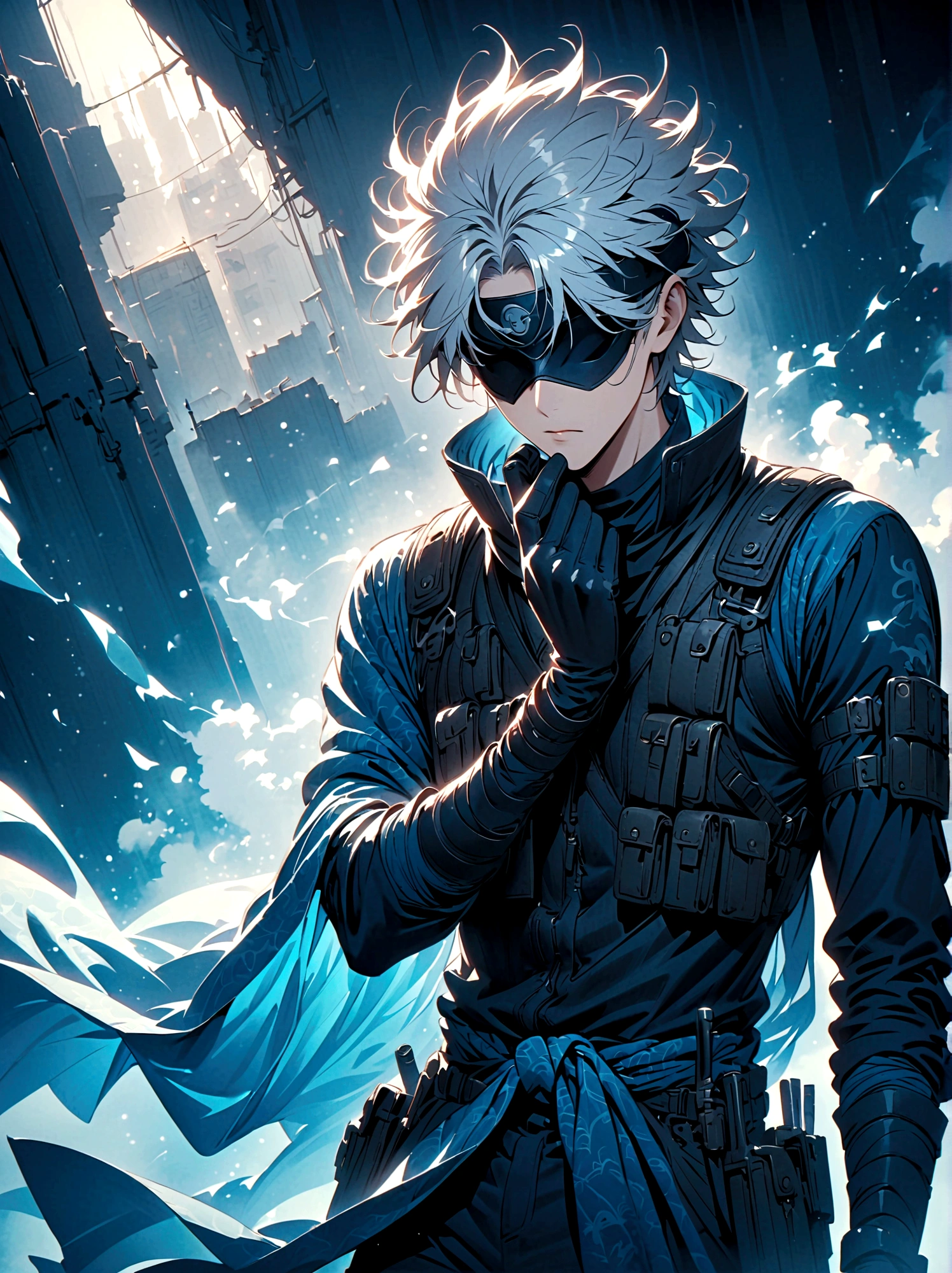 A fictional anime character sporting a silver spiky hair, wearing a headband tilted to cover one eye. He is dressed in a typical ninja attire, complete with a flak jacket, the fabric is in shades of blue and green. He also wears gloves and his mask is pulled up to cover the lower half of his face. He carries an aura of mystery and coolness around him.