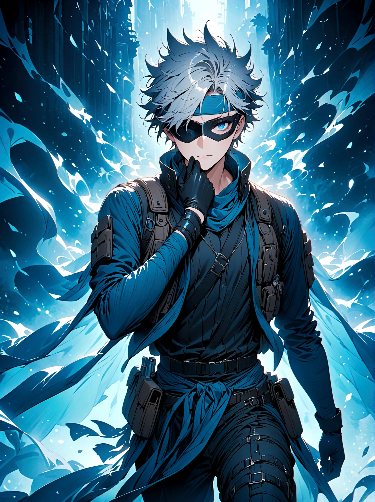 A fictional anime character sporting a silver spiky hair, wearing a headband tilted to cover one eye. He is dressed in a typical...
