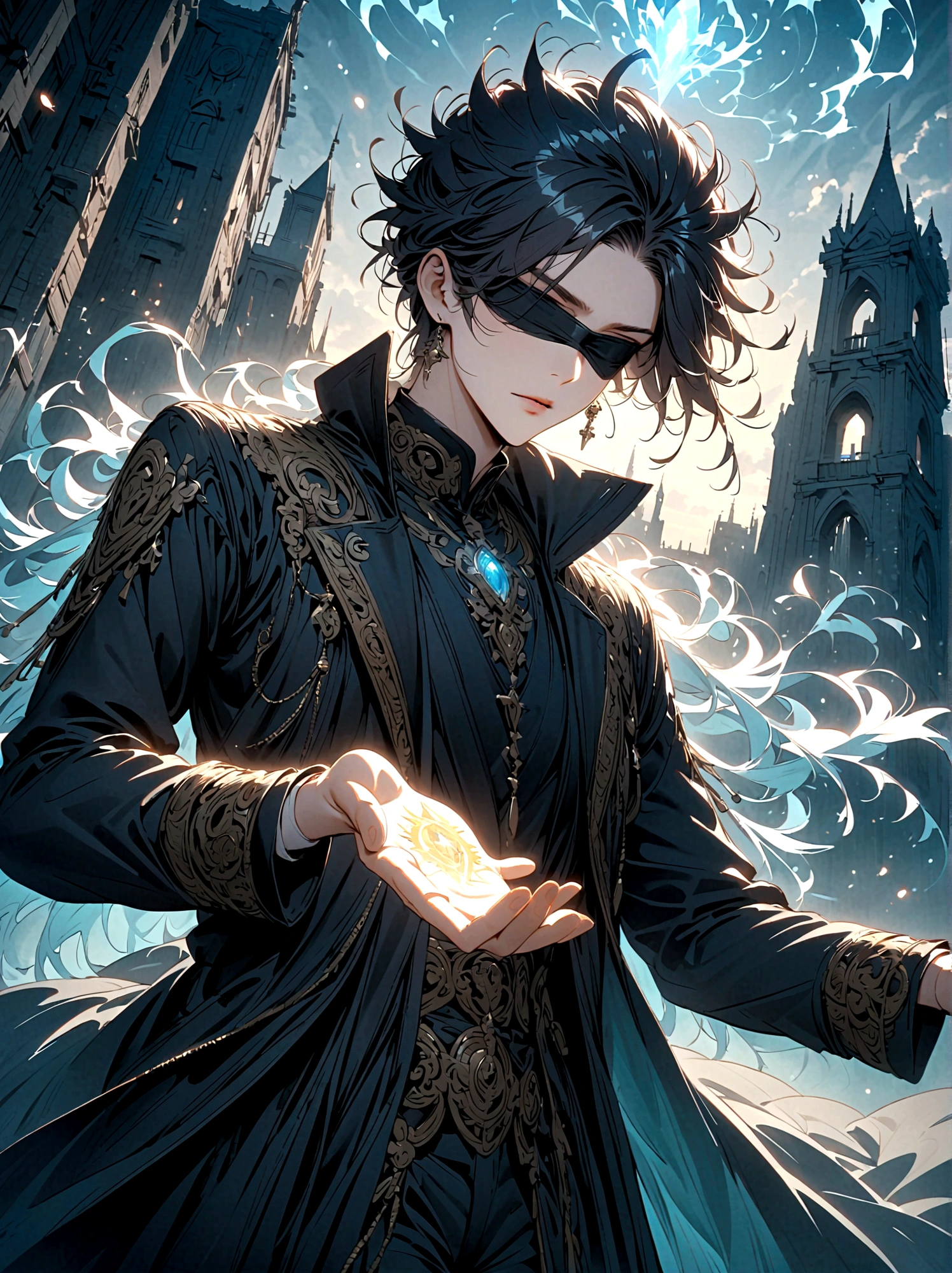 A tall individual with striking white spiky hair, dressed in a black coat. Their eyes are obscured by a blindfold, yet they radiate an aura of power. They perform mystic hand gestures as if to invoke some sort of magic spell. The setting around them is an urban area with a hint of ancient mystical charm.