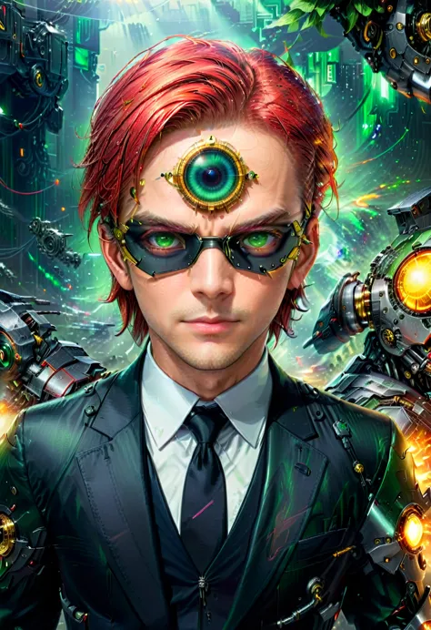 Arafed a picture of a human male spy, wearing dark suit, wearing ((one mecha eye patch)), ((eye patch covering only one eye: 1.5...